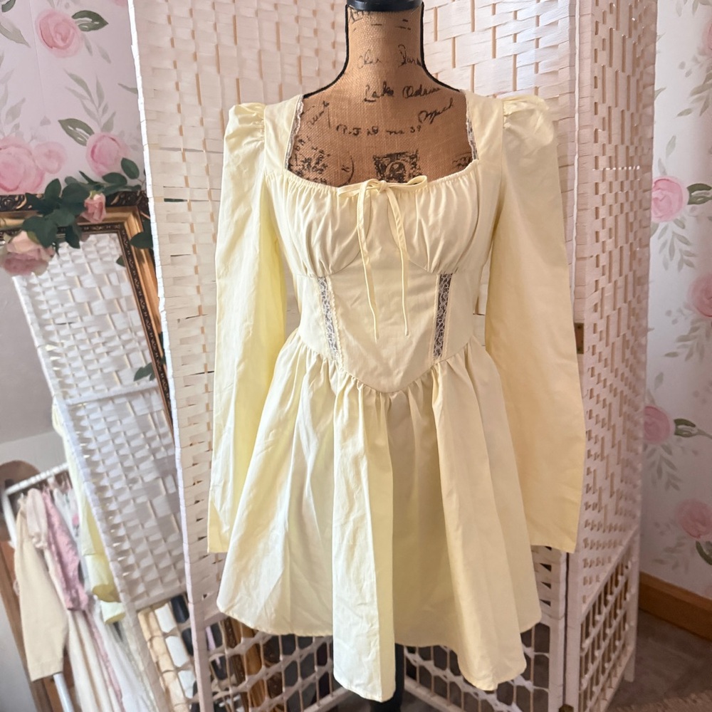 Butter Yellow Long Sleeve Mini Dress with Lace Detail